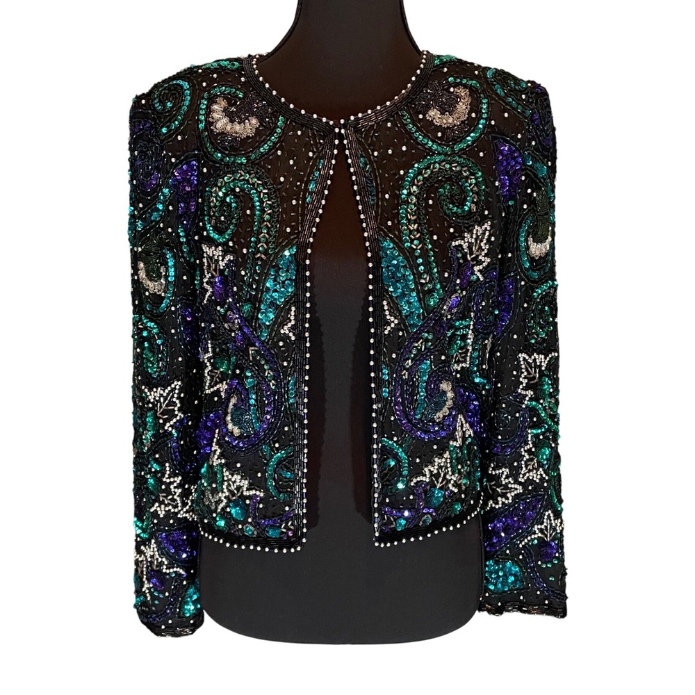 Laurence‎ Kazar VTG Beaded Sequin Silk Paisley Jacket Teal  Black PS 80s Glam